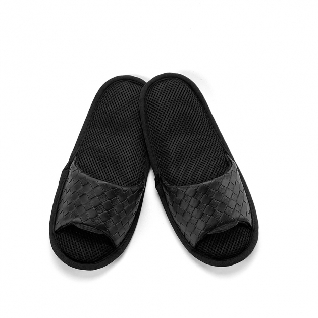 【Softwalk】頂級氣墊舒壓無聲室內拖鞋/防水編織皮面/黑/SP-1207D